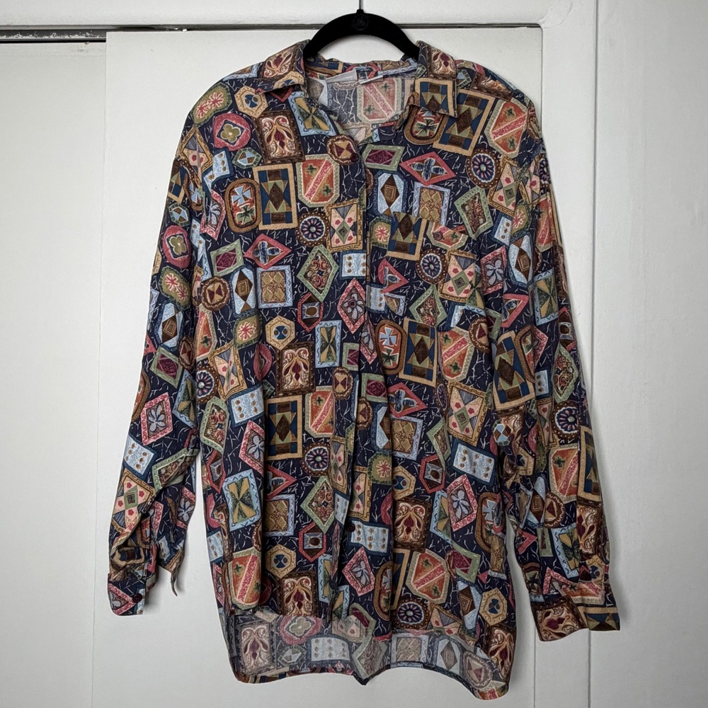 Vintage Capacity Rayon Button Down Shirt Geometric Abstract Print Size L